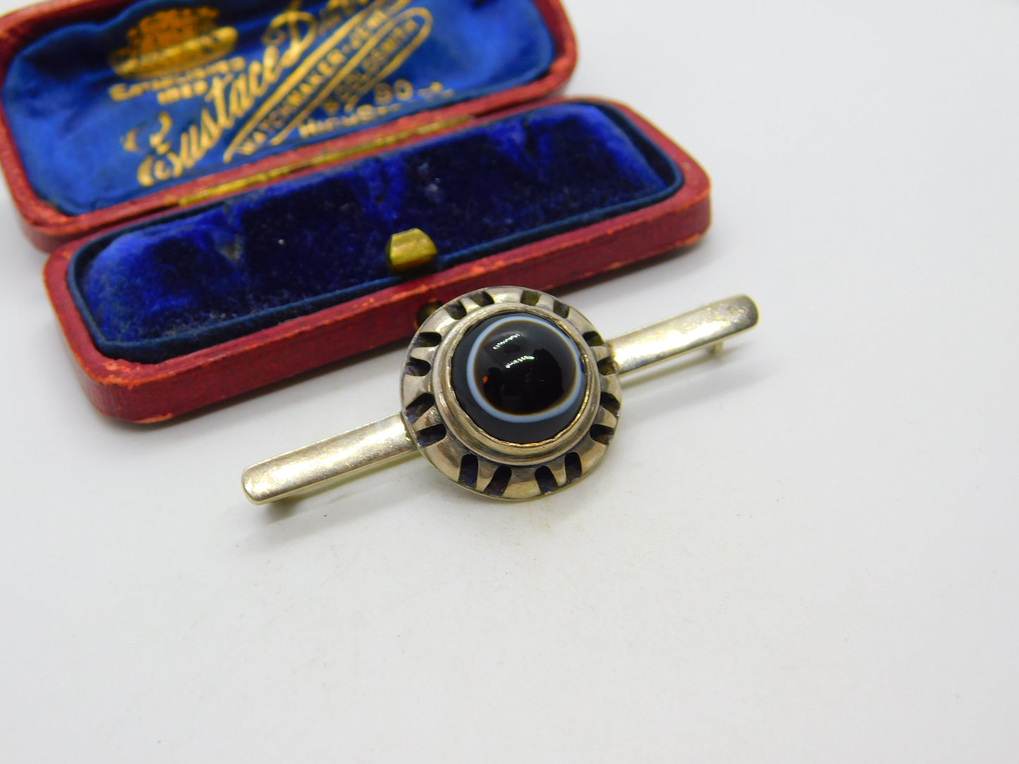 Sterling Silver Cabochon Bulls Eye Agate Taxco Style Bar Brooch Vintage c1970