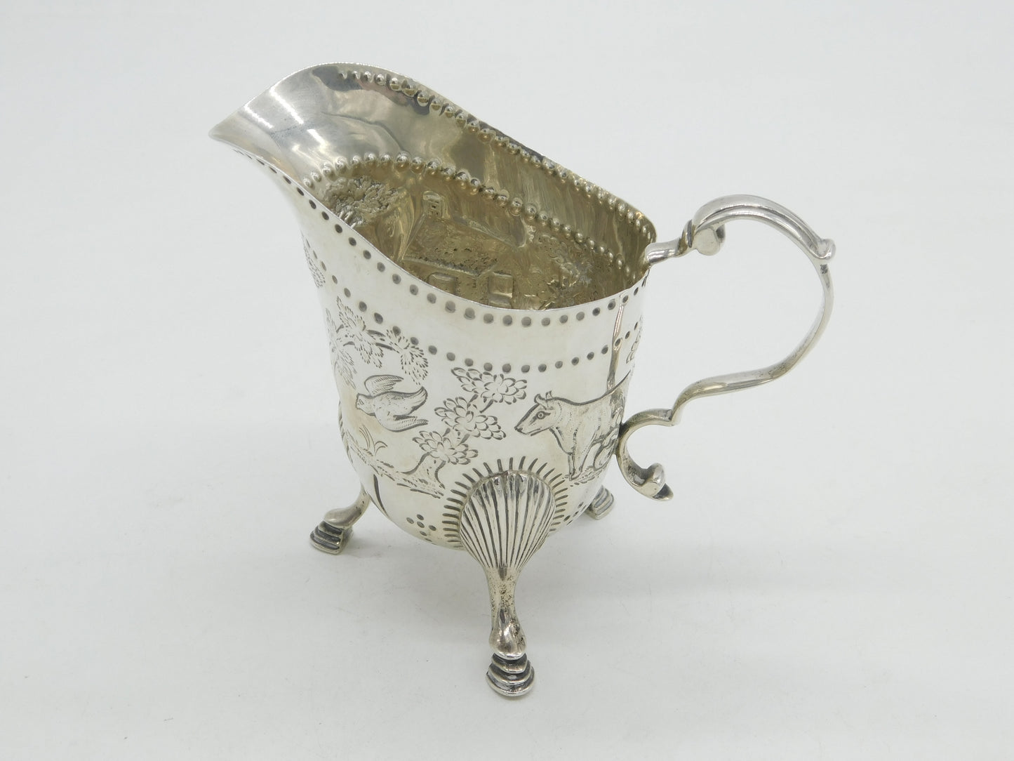 Sterling Silver Countryside Pattern Cows & Birds Cream Jug Antique 1928 London