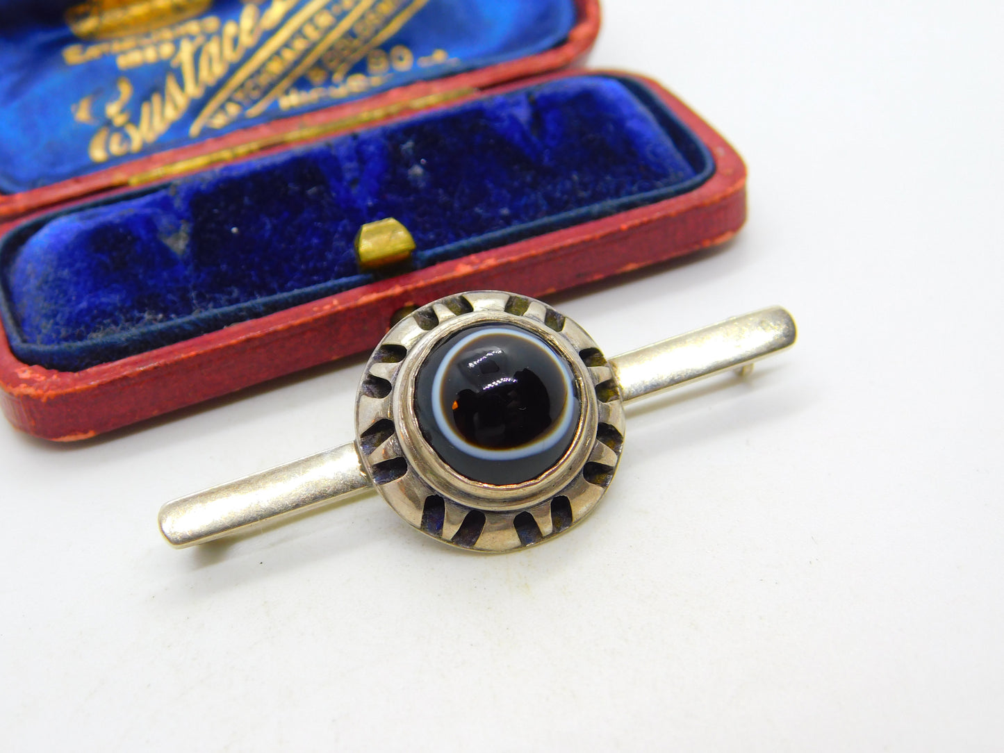 Sterling Silver Cabochon Bulls Eye Agate Taxco Style Bar Brooch Vintage c1970