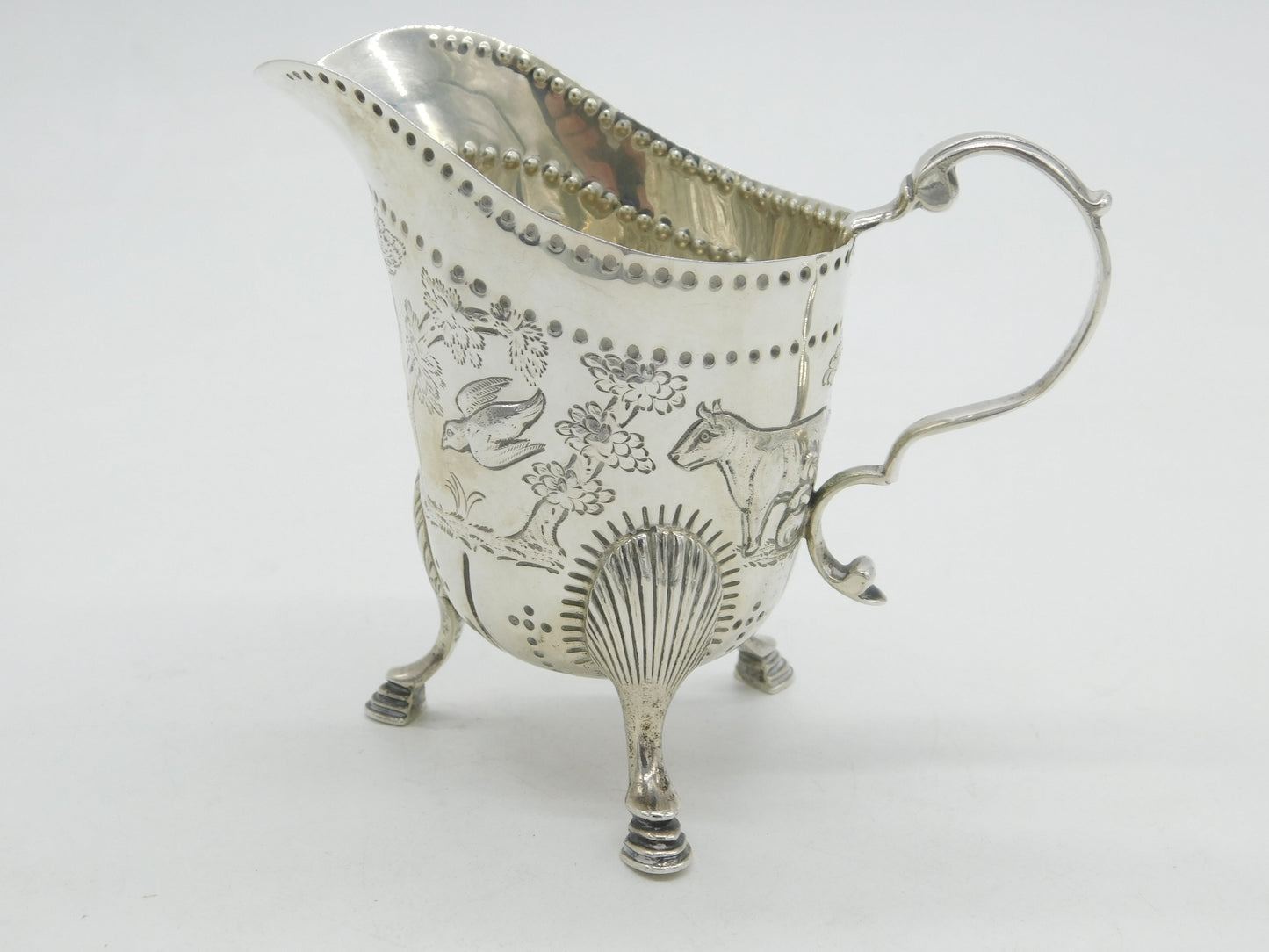 Sterling Silver Countryside Pattern Cows & Birds Cream Jug Antique 1928 London
