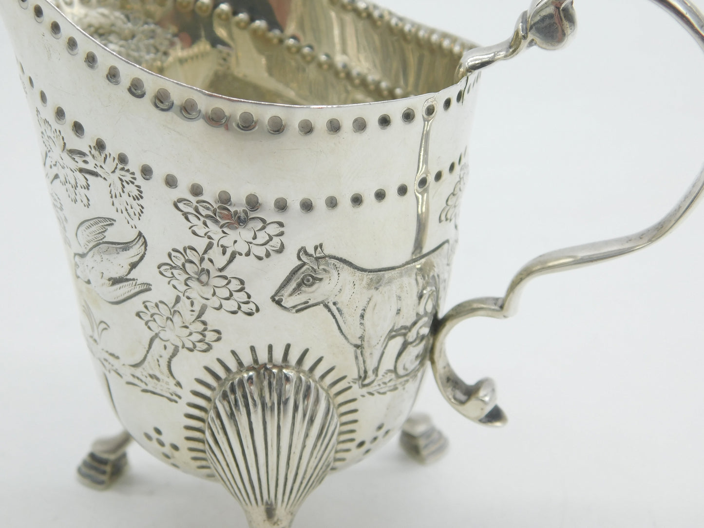 Sterling Silver Countryside Pattern Cows & Birds Cream Jug Antique 1928 London