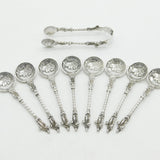 Victorian Sterling Silver Roman Coin & Apostle Teaspoons & Tongs Set 1888 London