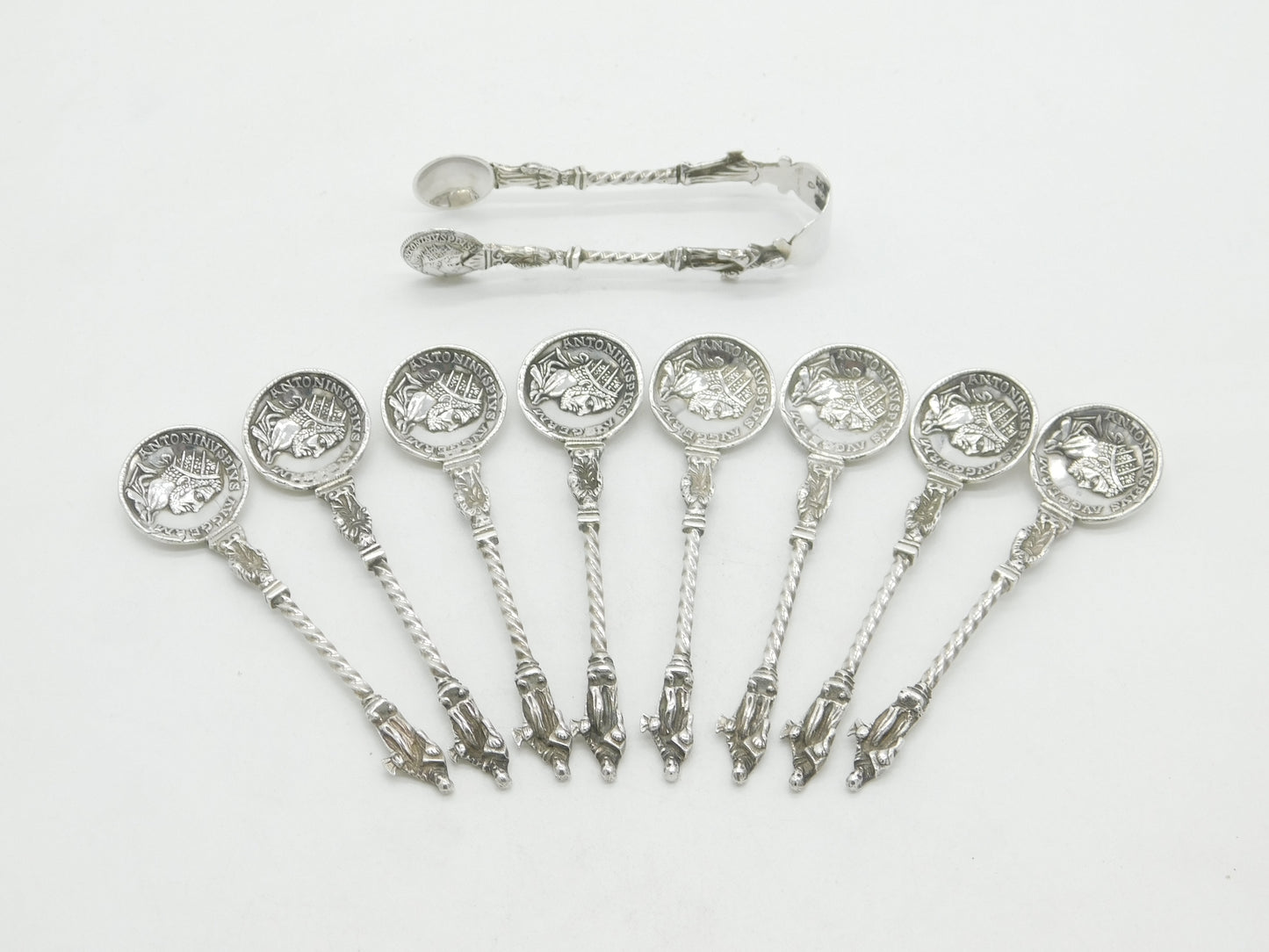 Victorian Sterling Silver Roman Coin & Apostle Teaspoons & Tongs Set 1888 London