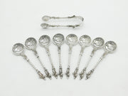 Victorian Sterling Silver Roman Coin & Apostle Teaspoons & Tongs Set 1888 London