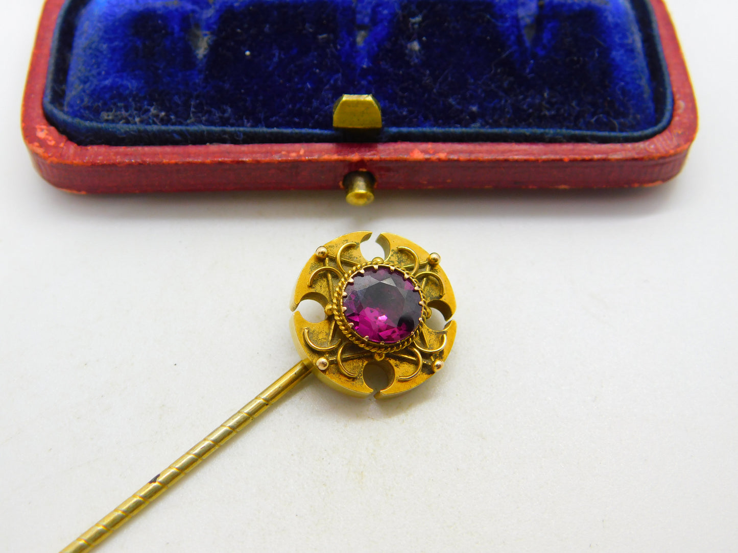 18ct Yellow Gold Almandine Garnet Set Canterbury Cross Stick Pin c1860 Antique