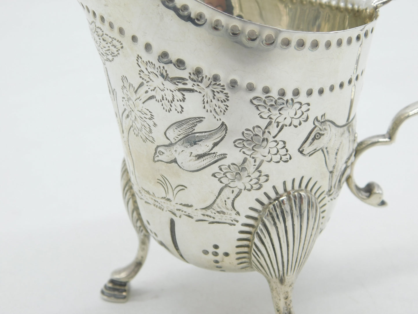 Sterling Silver Countryside Pattern Cows & Birds Cream Jug Antique 1928 London