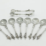 Victorian Sterling Silver Roman Coin & Apostle Teaspoons & Tongs Set 1888 London