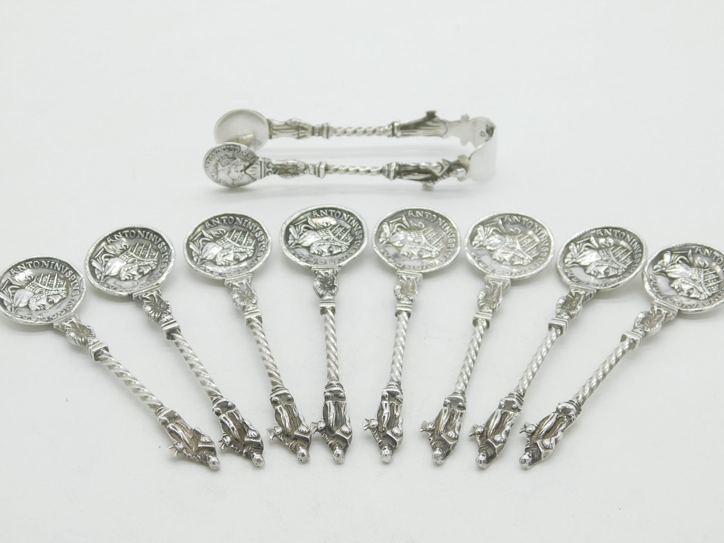 Victorian Sterling Silver Roman Coin & Apostle Teaspoons & Tongs Set 1888 London