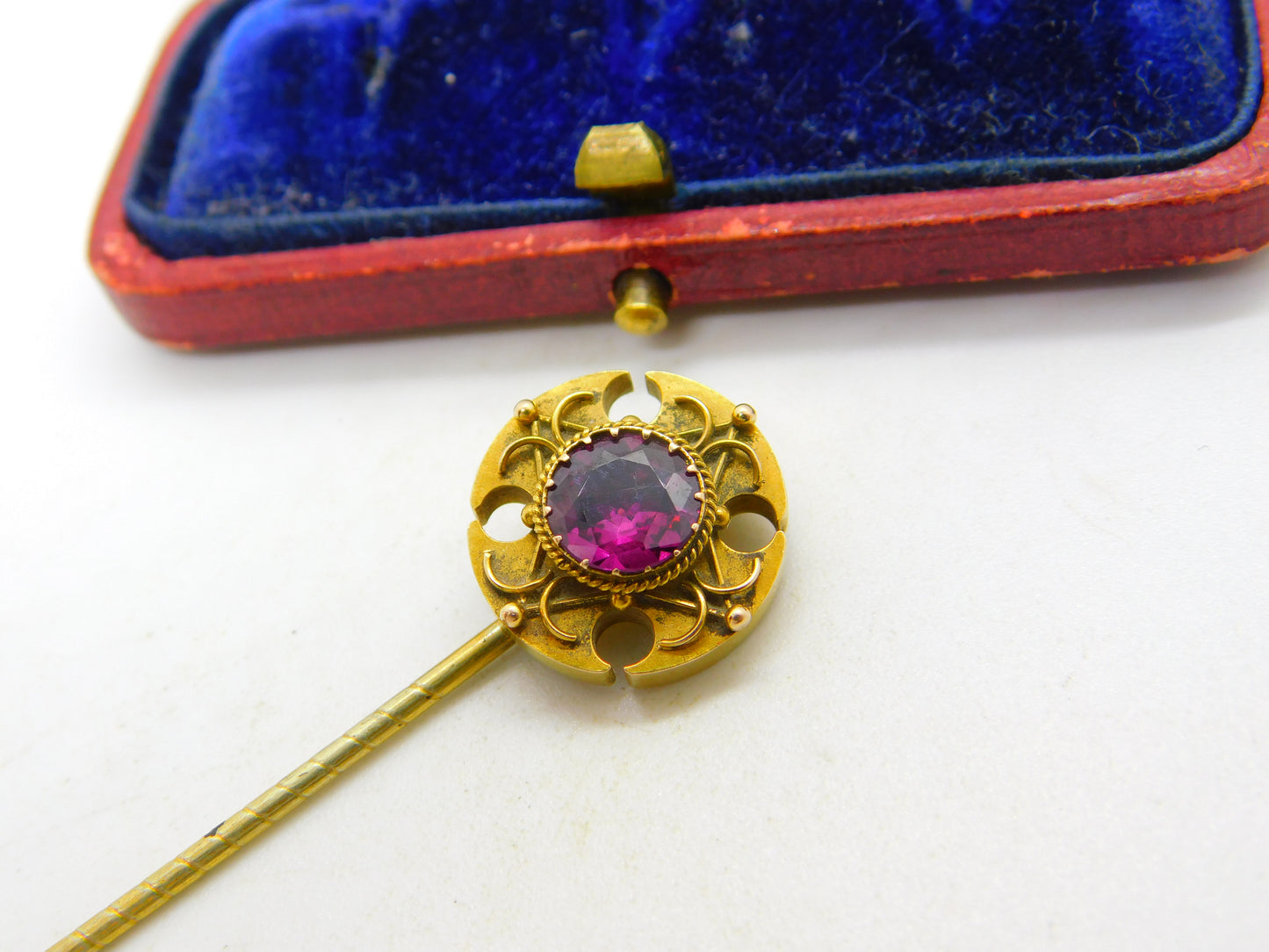 18ct Yellow Gold Almandine Garnet Set Canterbury Cross Stick Pin c1860 Antique