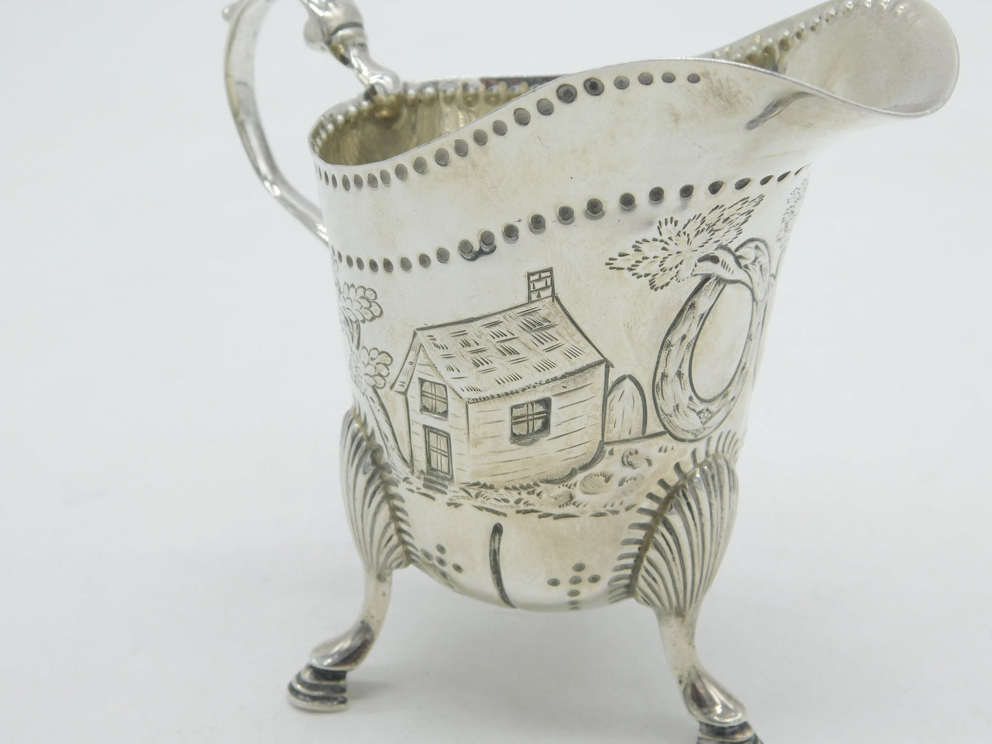 Sterling Silver Countryside Pattern Cows & Birds Cream Jug Antique 1928 London