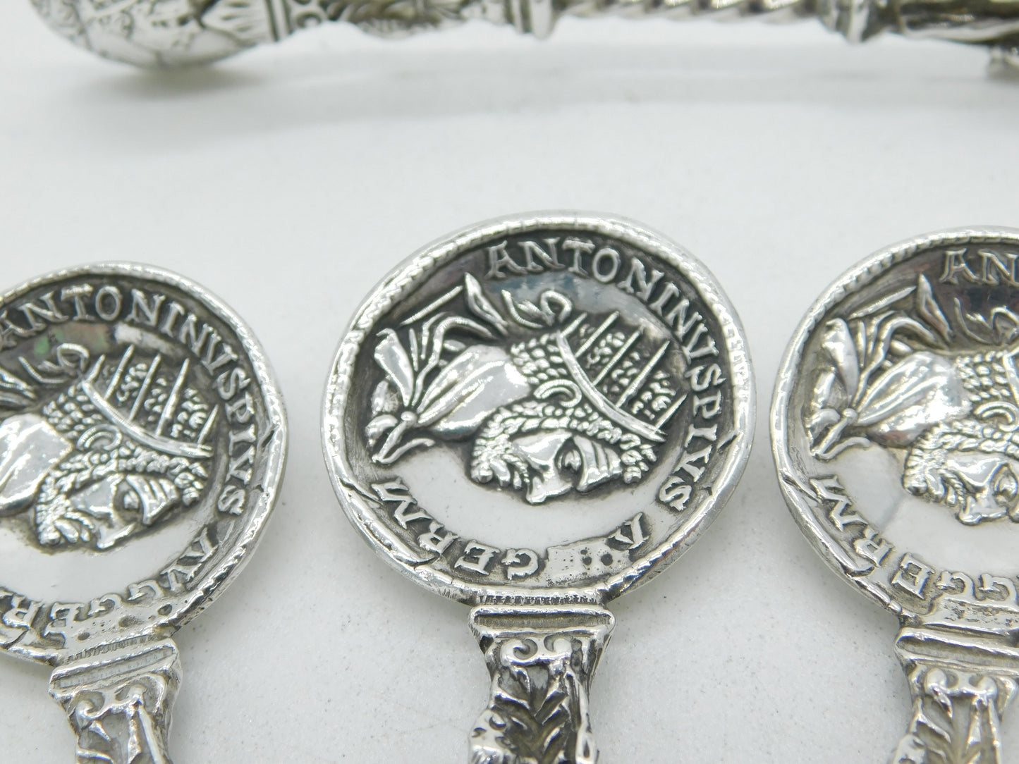 Victorian Sterling Silver Roman Coin & Apostle Teaspoons & Tongs Set 1888 London