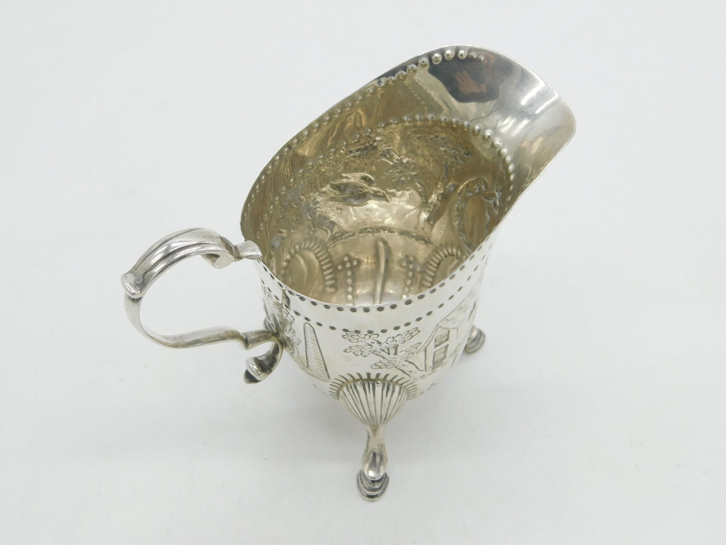 Sterling Silver Countryside Pattern Cows & Birds Cream Jug Antique 1928 London