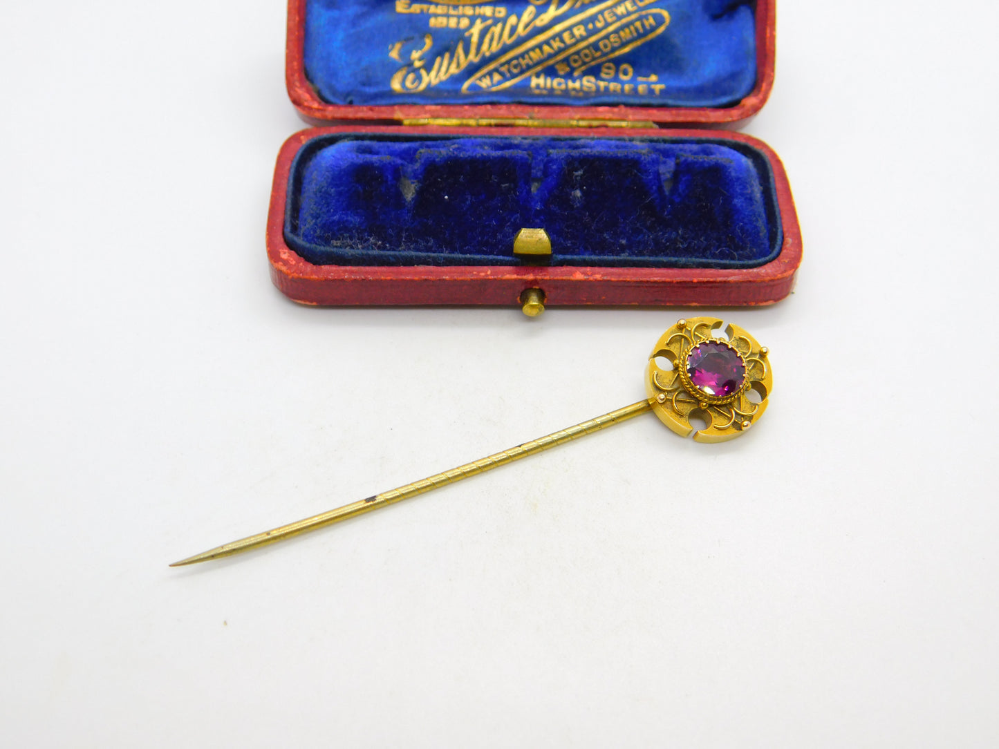 18ct Yellow Gold Almandine Garnet Set Canterbury Cross Stick Pin c1860 Antique