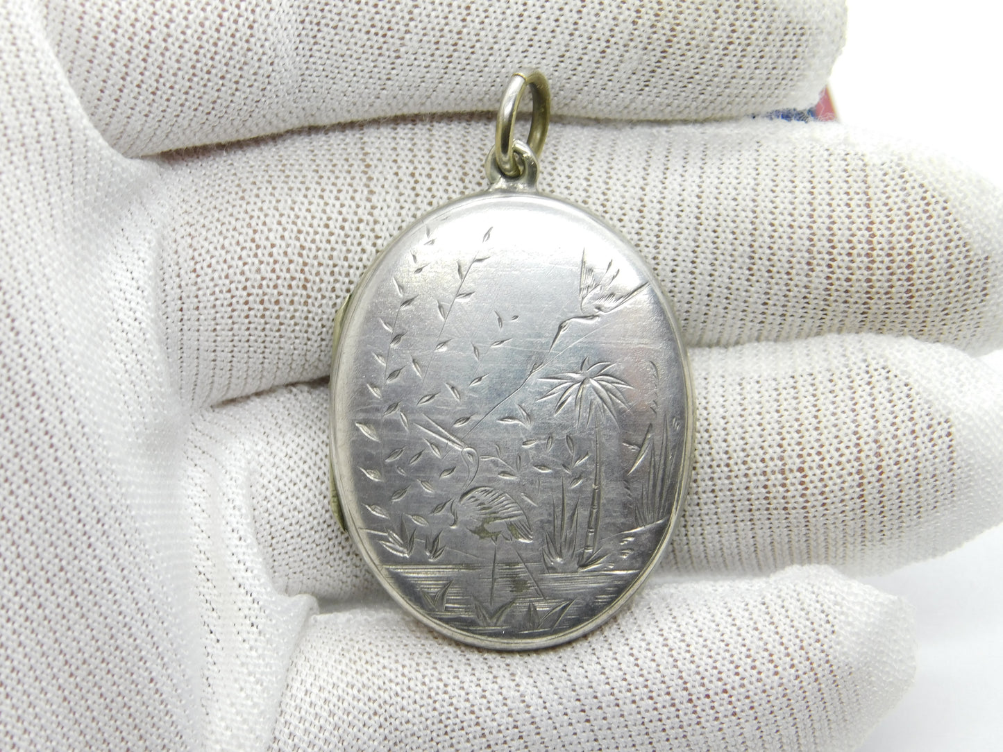 Victorian Sterling Silver Back & Front Aesthetic Stork Locket Antique c1880