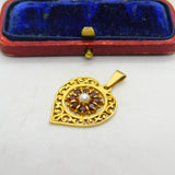 9ct Yellow Gold, Central Pearl & Garnet Set Heart Drop Pendant Vintage c1970
