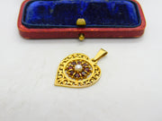 9ct Yellow Gold, Central Pearl & Garnet Set Heart Drop Pendant Vintage c1970
