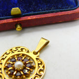 9ct Yellow Gold, Central Pearl & Garnet Set Heart Drop Pendant Vintage c1970