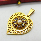 9ct Yellow Gold, Central Pearl & Garnet Set Heart Drop Pendant Vintage c1970