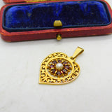 9ct Yellow Gold, Central Pearl & Garnet Set Heart Drop Pendant Vintage c1970