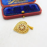 9ct Yellow Gold, Central Pearl & Garnet Set Heart Drop Pendant Vintage c1970