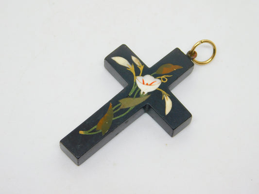 Victorian 9ct Gold Lily Flower Pietra Dura Mosaic Cross Pendant Antique c1860