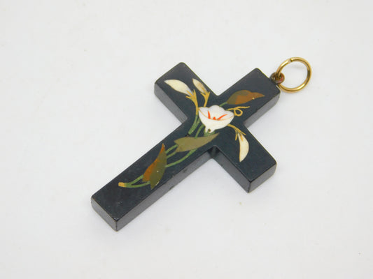 Victorian 9ct Gold Lily Flower Pietra Dura Mosaic Cross Pendant Antique c1860