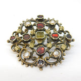 19th Century Austro-Hungarian Silver, Garnet, Pearl, Citrine Brooch Antique c1860