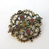 19th Century Austro-Hungarian Silver, Garnet, Pearl, Citrine Brooch Antique c1860