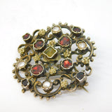 19th Century Austro-Hungarian Silver, Garnet, Pearl, Citrine Brooch Antique c1860