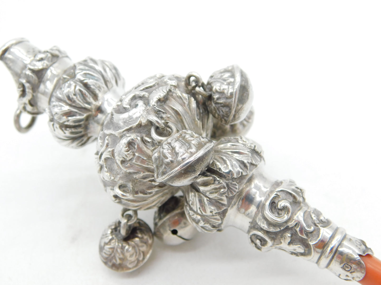 Victorian Sterling Silver & Red Coral Baby Rattle & Teether Antique 1851 Birmingham