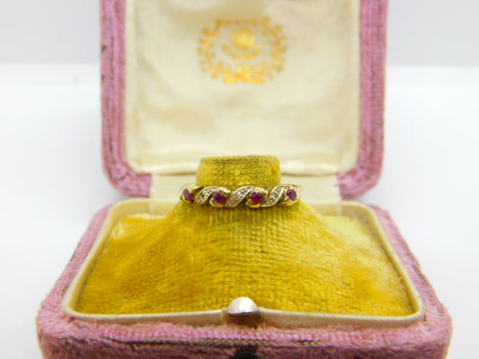 9ct Yellow Gold, Diamond & Ruby Crossover Ring Vintage c1990 Birmingham