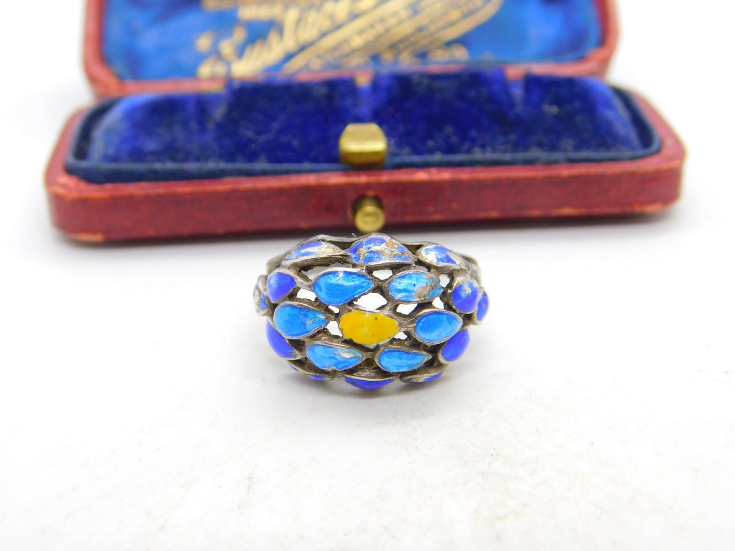 Sterling Silver Colourful Enamel Floral Pattern Dress Ring Antique c1920 Art Deco