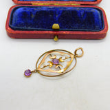 Edwardian 9ct Rose Gold Amethyst Set Lavalier Drop Pendant c1910 Antique