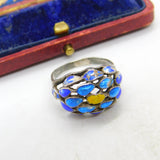 Sterling Silver Colourful Enamel Floral Pattern Dress Ring Antique c1920 Art Deco
