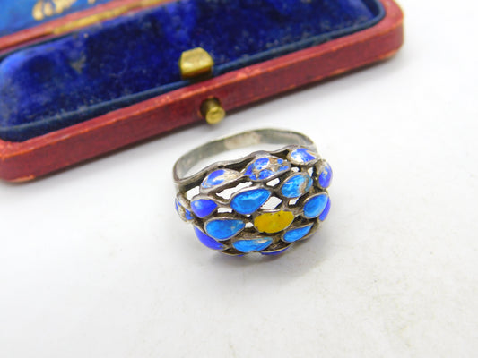 Sterling Silver Colourful Enamel Floral Pattern Dress Ring Antique c1920 Art Deco