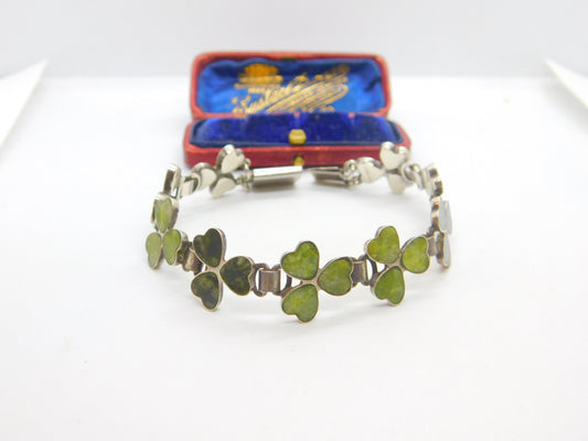 Lucky Shamrock Connemara Marble in Sterling Silver Bracelet Antique c1920