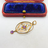 Edwardian 9ct Rose Gold Amethyst Set Lavalier Drop Pendant c1910 Antique