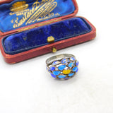 Sterling Silver Colourful Enamel Floral Pattern Dress Ring Antique c1920 Art Deco