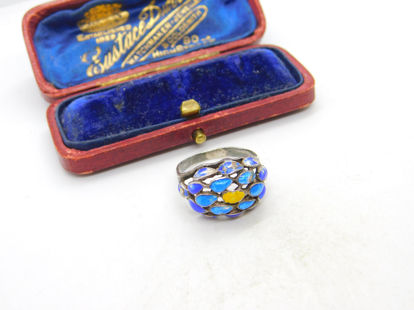 Sterling Silver Colourful Enamel Floral Pattern Dress Ring Antique c1920 Art Deco