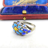 Sterling Silver Colourful Enamel Floral Pattern Dress Ring Antique c1920 Art Deco