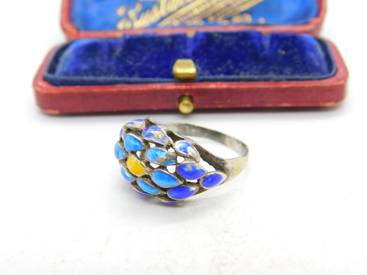 Sterling Silver Colourful Enamel Floral Pattern Dress Ring Antique c1920 Art Deco