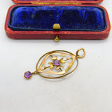 Edwardian 9ct Rose Gold Amethyst Set Lavalier Drop Pendant c1910 Antique