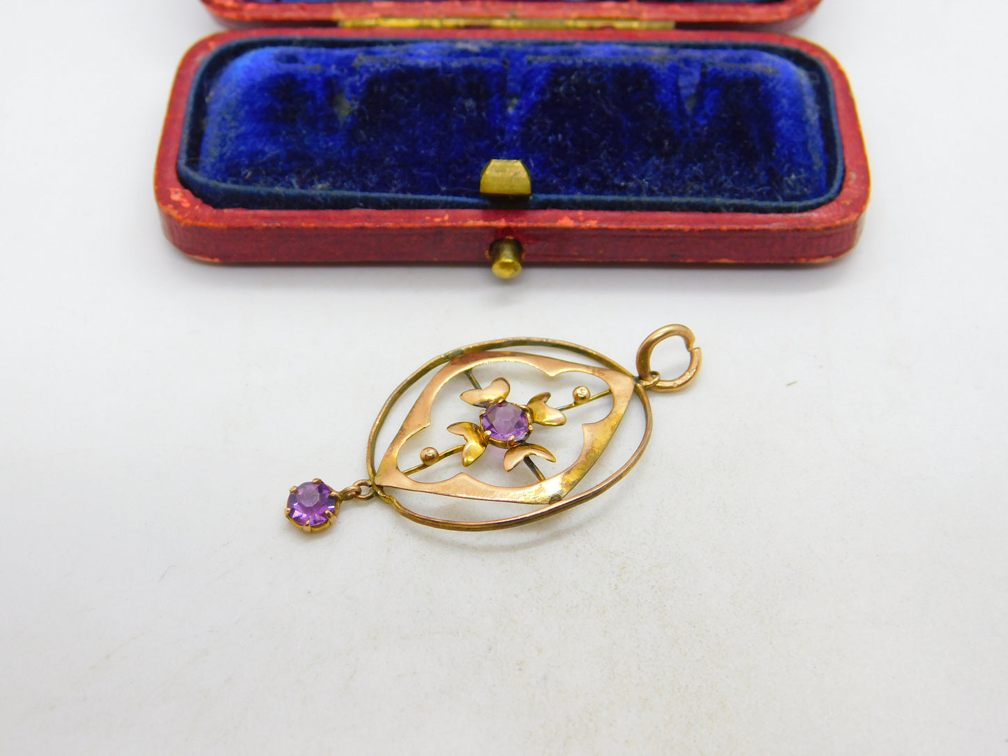 Edwardian 9ct Rose Gold Amethyst Set Lavalier Drop Pendant c1910 Antique