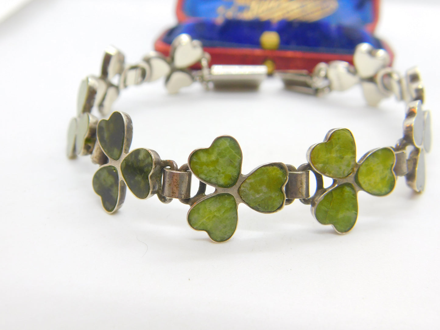 Lucky Shamrock Connemara Marble in Sterling Silver Bracelet Antique c1920