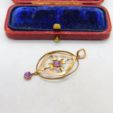 Edwardian 9ct Rose Gold Amethyst Set Lavalier Drop Pendant c1910 Antique