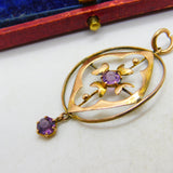 Edwardian 9ct Rose Gold Amethyst Set Lavalier Drop Pendant c1910 Antique