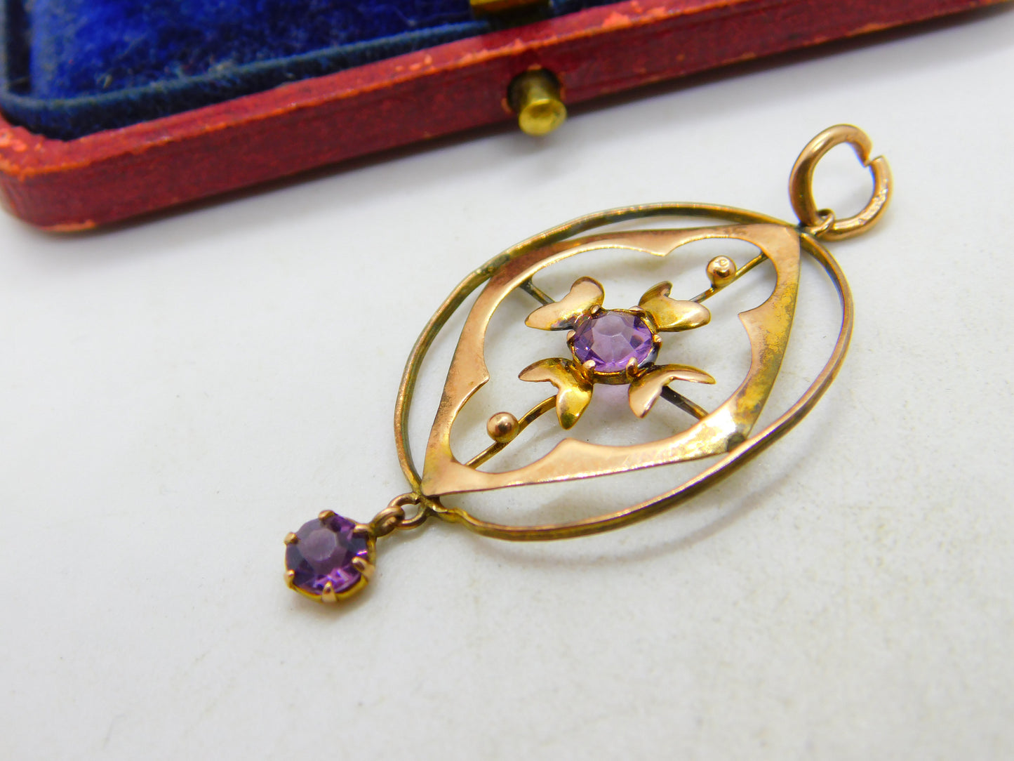 Edwardian 9ct Rose Gold Amethyst Set Lavalier Drop Pendant c1910 Antique