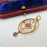 Edwardian 9ct Rose Gold Amethyst Set Lavalier Drop Pendant c1910 Antique