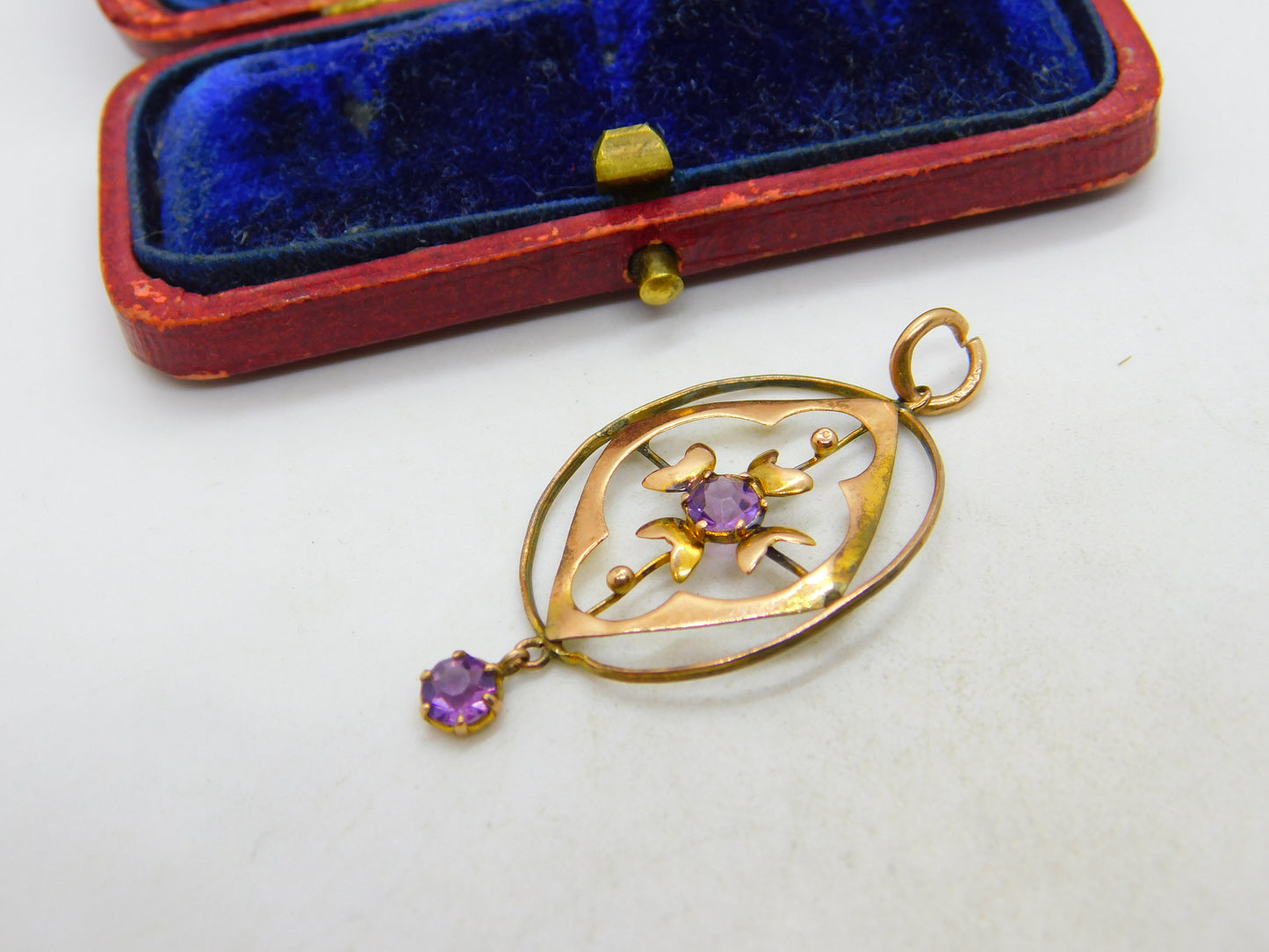 Edwardian 9ct Rose Gold Amethyst Set Lavalier Drop Pendant c1910 Antique