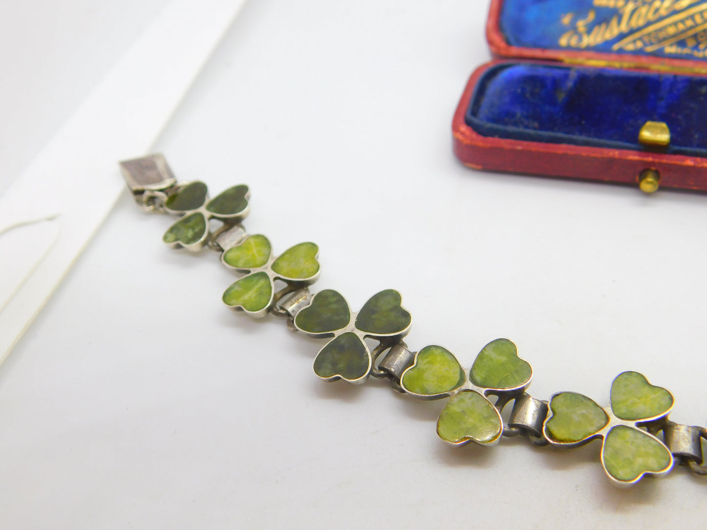 Lucky Shamrock Connemara Marble in Sterling Silver Bracelet Antique c1920